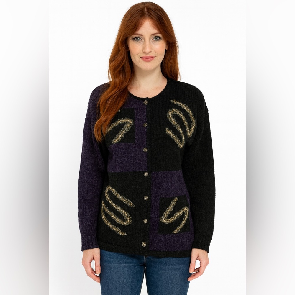Vtg 90s South Cotton Hand Loomed Op art Cardigan